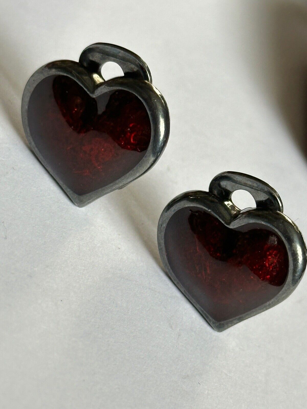 Vintage Red Enamel Heart Clip On Earrings