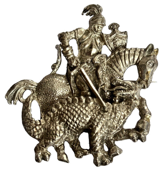 Vintage Silver Tone Knight Dragon Slayer Large Brooch