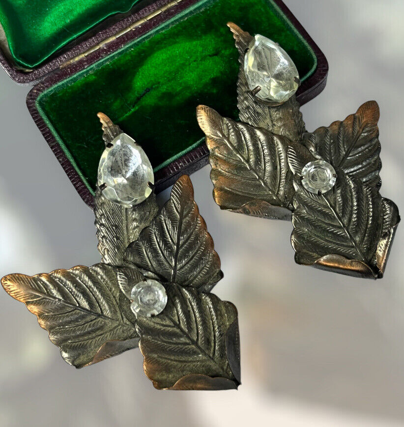 Vintage Statement Detailed Leaves Diamanté Clip On Earrings
