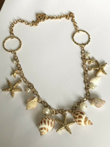 Vintage Gold Tone Shell Starfish Drop Necklace