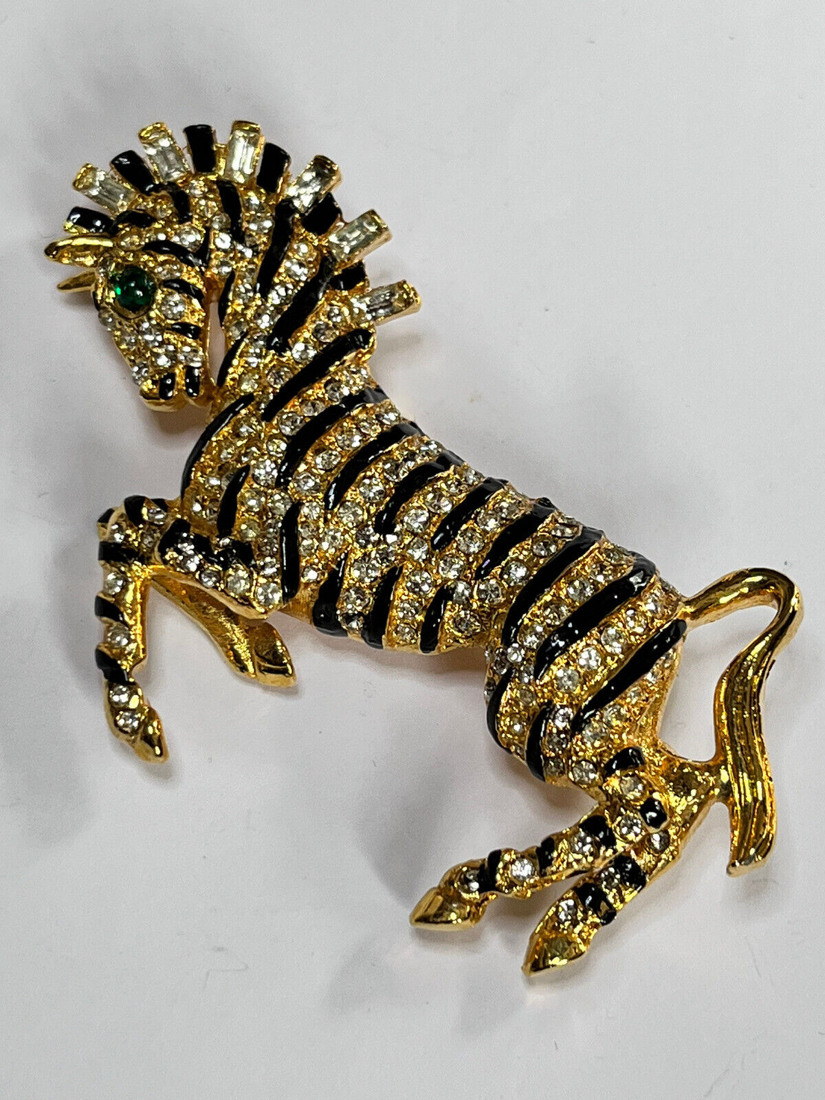 Vintage Gold Tone Diamanté Enamel Stylised Zebra Brooch