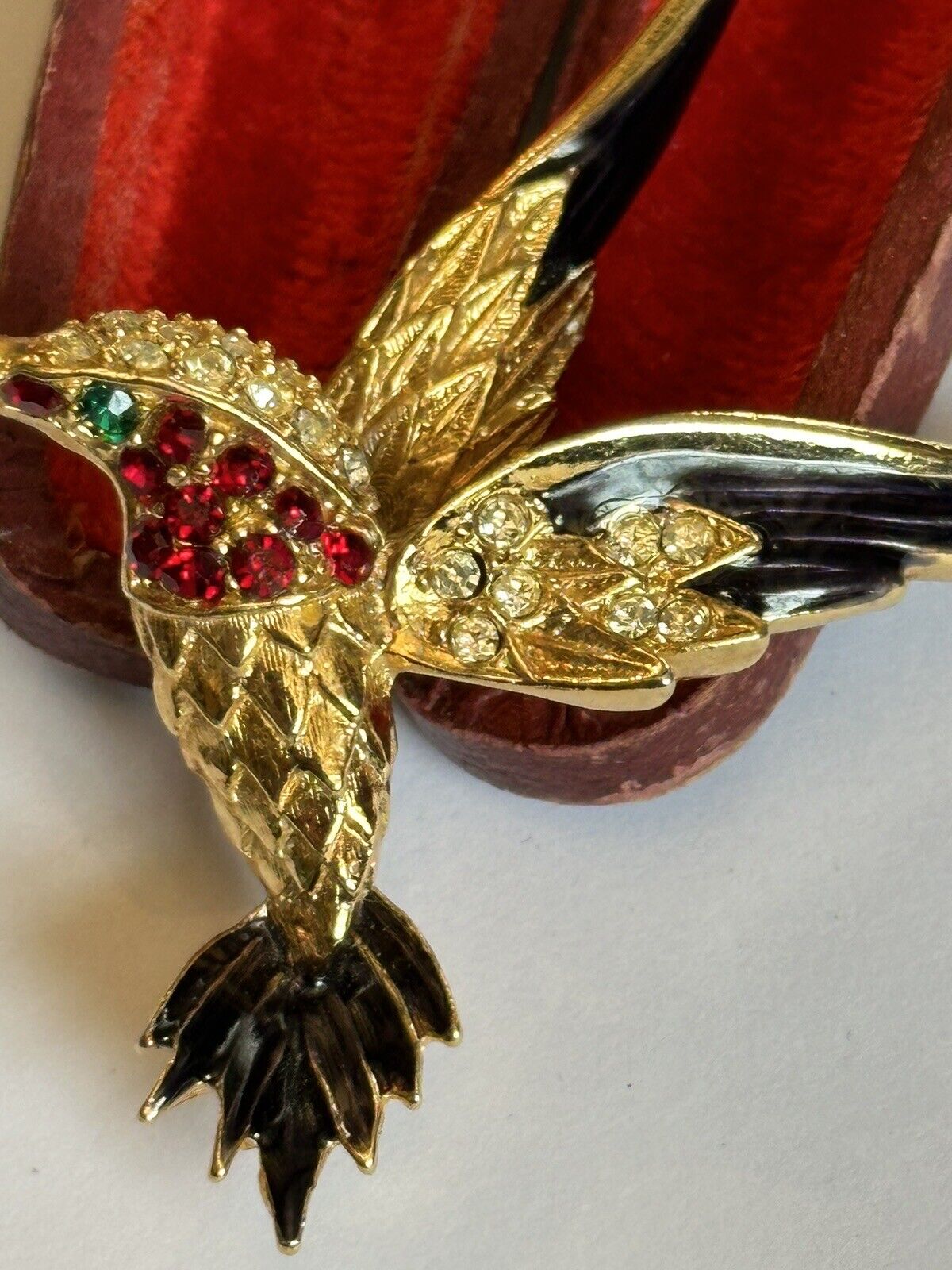 Vintage Gold Plated Red Diamanté Black Enamel Bird Brooch