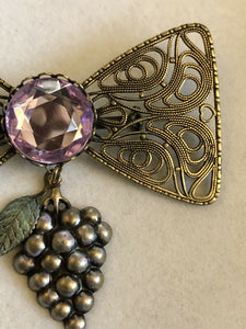 Vintage Large Bow Grapes Etruscan Brooch