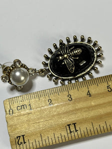 Vintage Statement Black Enamel Faux Pearl Bug Earrings