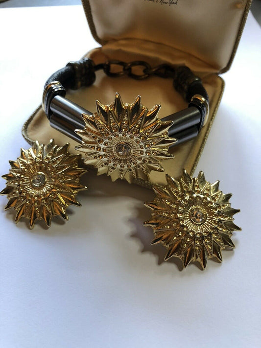 Vintage Sunburst Diamanté Gold Tone Leather Bracelet Clip On Earring Set