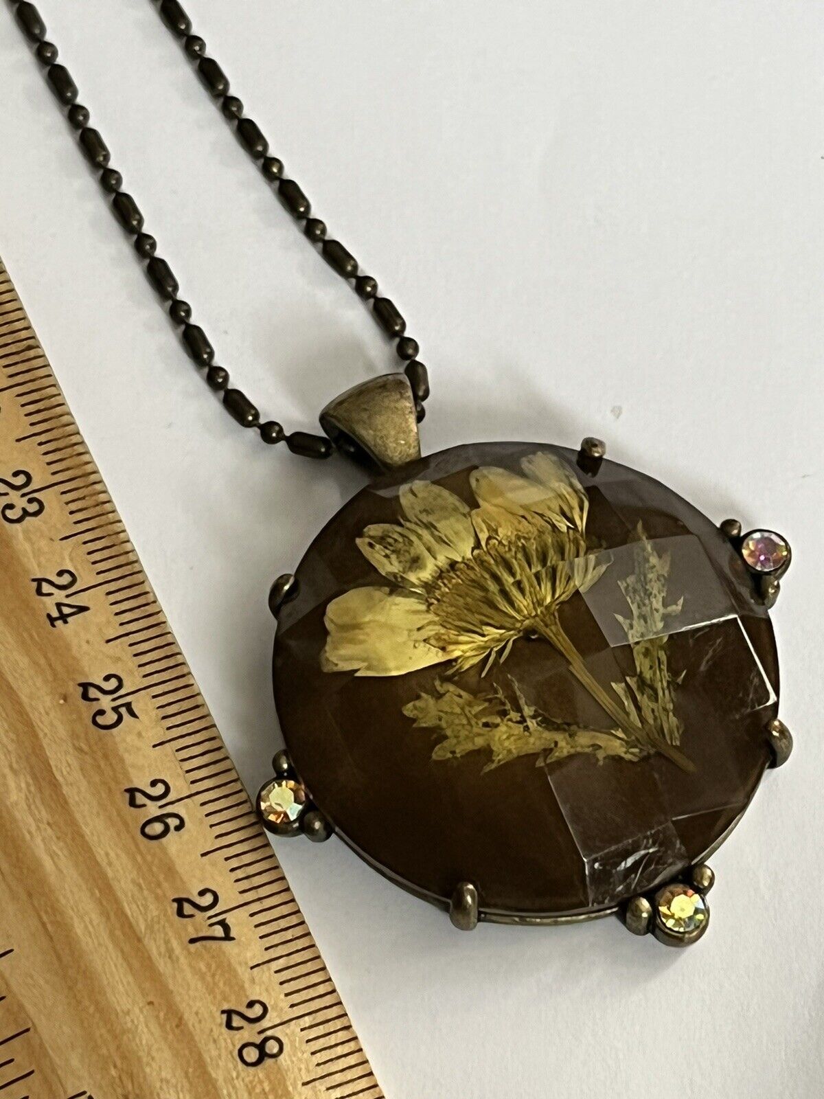 Vintage Dried Flower Thistle Diamanté Faceted Pendant Necklace
