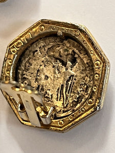 Vintage Gold Silver Tone Etruscan Coin Clip On Earrings Numbered