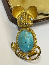 Vintage Gold Tone Turquoise Jelly Belly Mouse Brooch Signed Art