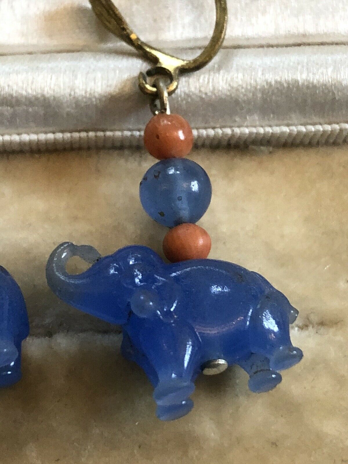 Vintage Early Deco Glass Elephant And Orange Bead Drop Screwback Earrings