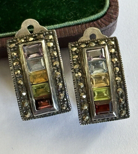 Vintage Silver 925 Marcasite Multicoloured Stone Clip On Earrings