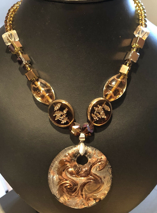 Vintage 1980s Glass Bronze Silver Swirl Statement Beaded Necklace