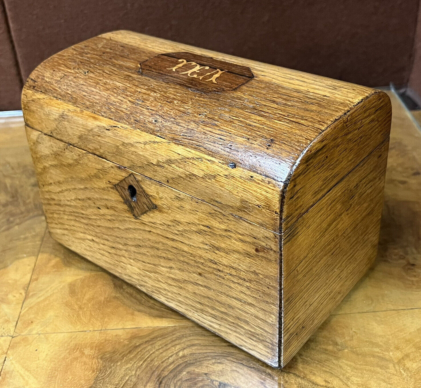 Antique Georgian Inlaid Oak Dome Top Tea Caddy