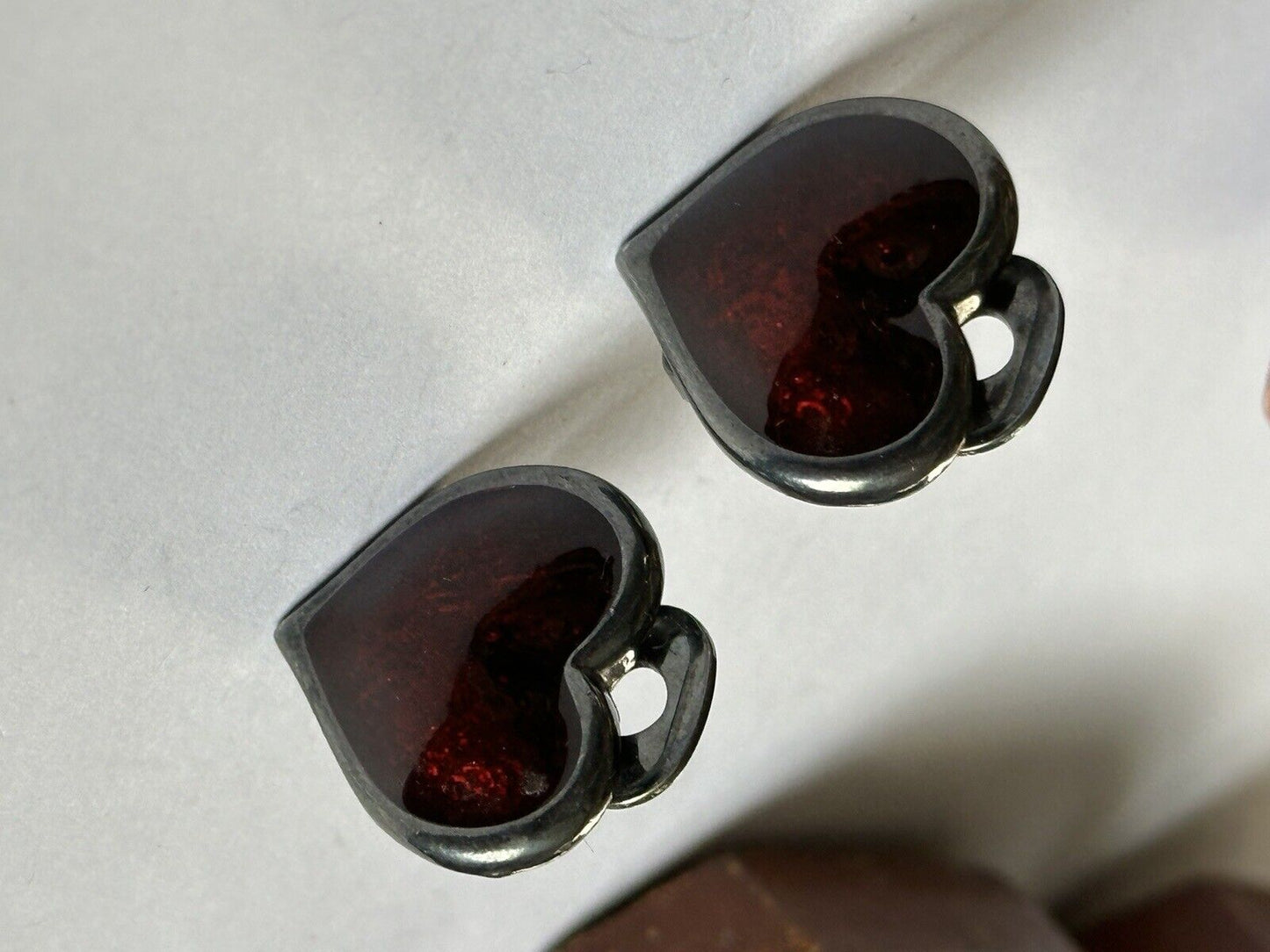 Vintage Red Enamel Heart Clip On Earrings