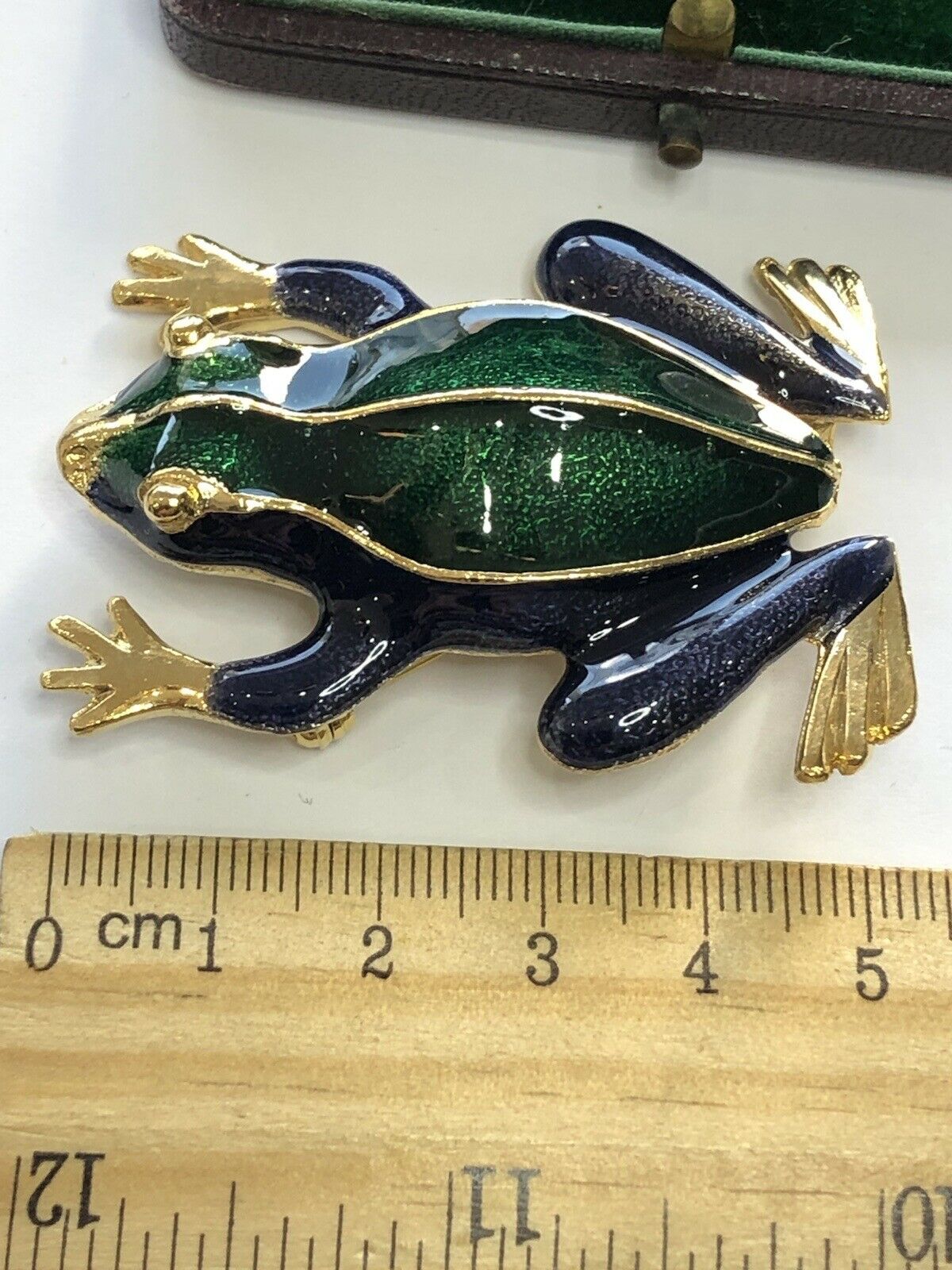 Vintage Gold Tone Green Blue Enamel Statement Frog Brooch