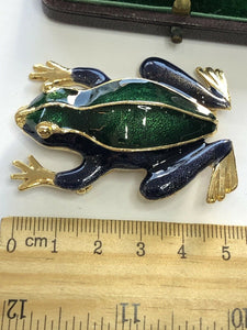 Vintage Gold Tone Green Blue Enamel Statement Frog Brooch