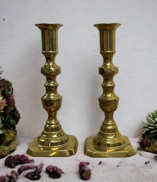 Antique Brass Candlesticks. 19.5 cms tall.