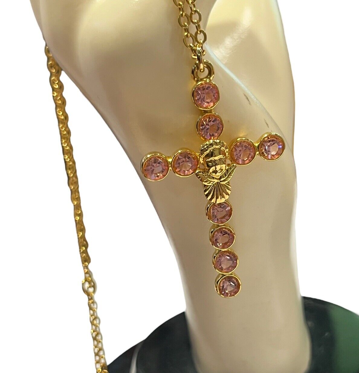 Vintage Kirks Folly Pink Diamanté Cherub Crucifix Cross Pendant Necklace
