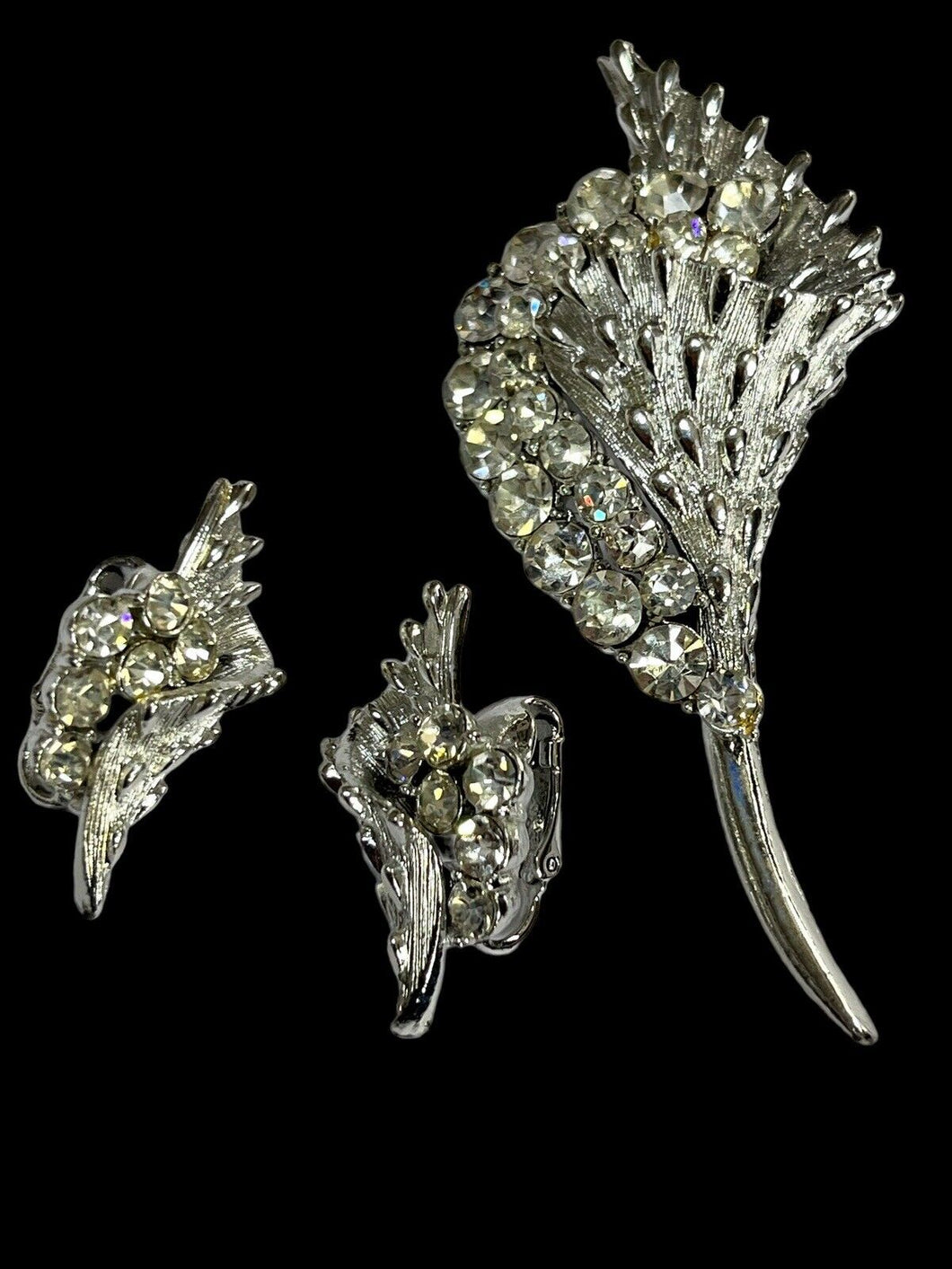Vintage Signed Coro Silver Tone Diamanté Brooch And Clip On Earring Set