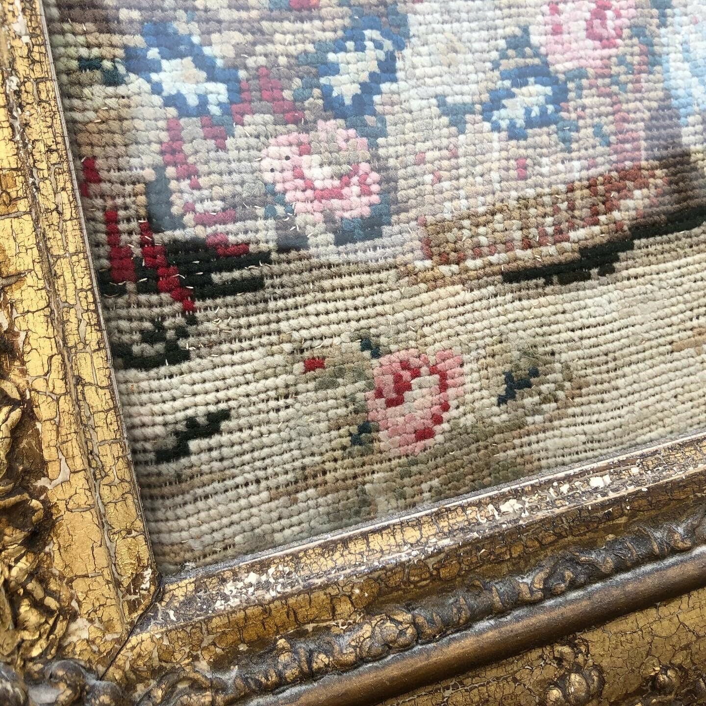 Antique Embroidery/ Tapestry.  Gilt Frame. 61 X 61 Cms. Will Ship Worldwide