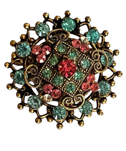 Vintage Signed Coro Blue Pink Clear Diamanté Detailed Brooch