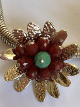 Vintage Statement 1980s Gold Tone Red Flowers Necklace