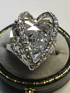 Vintage Rhodium Plated 3D Heart Cubic Zirconia Statement Ring