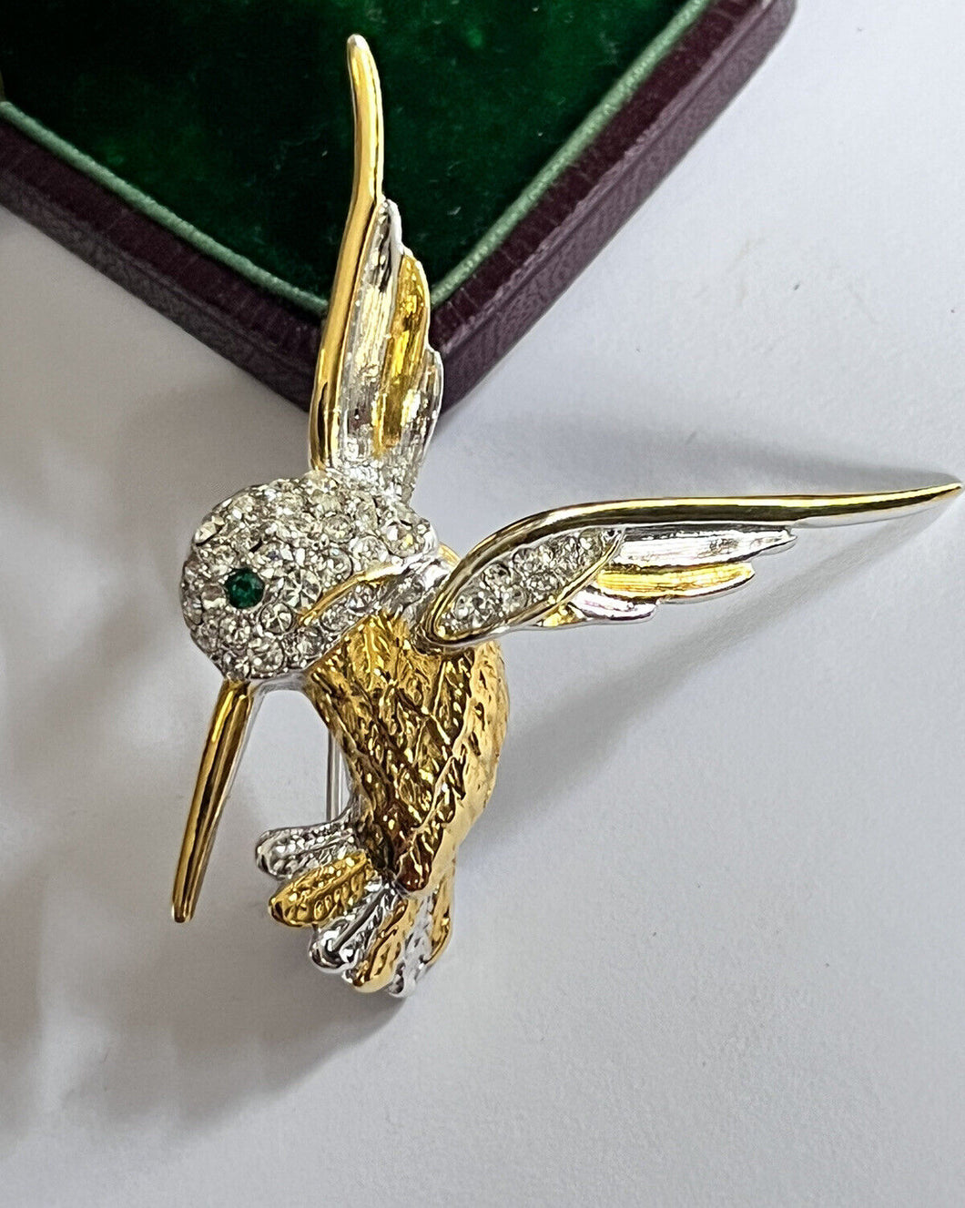 Vintage Silver Gold Tone Diamanté Hummingbird Brooch