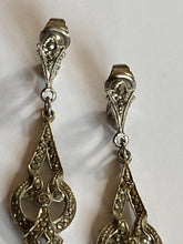 Vintage Silver Tone Marcasite Long Drop Clip On Earrings