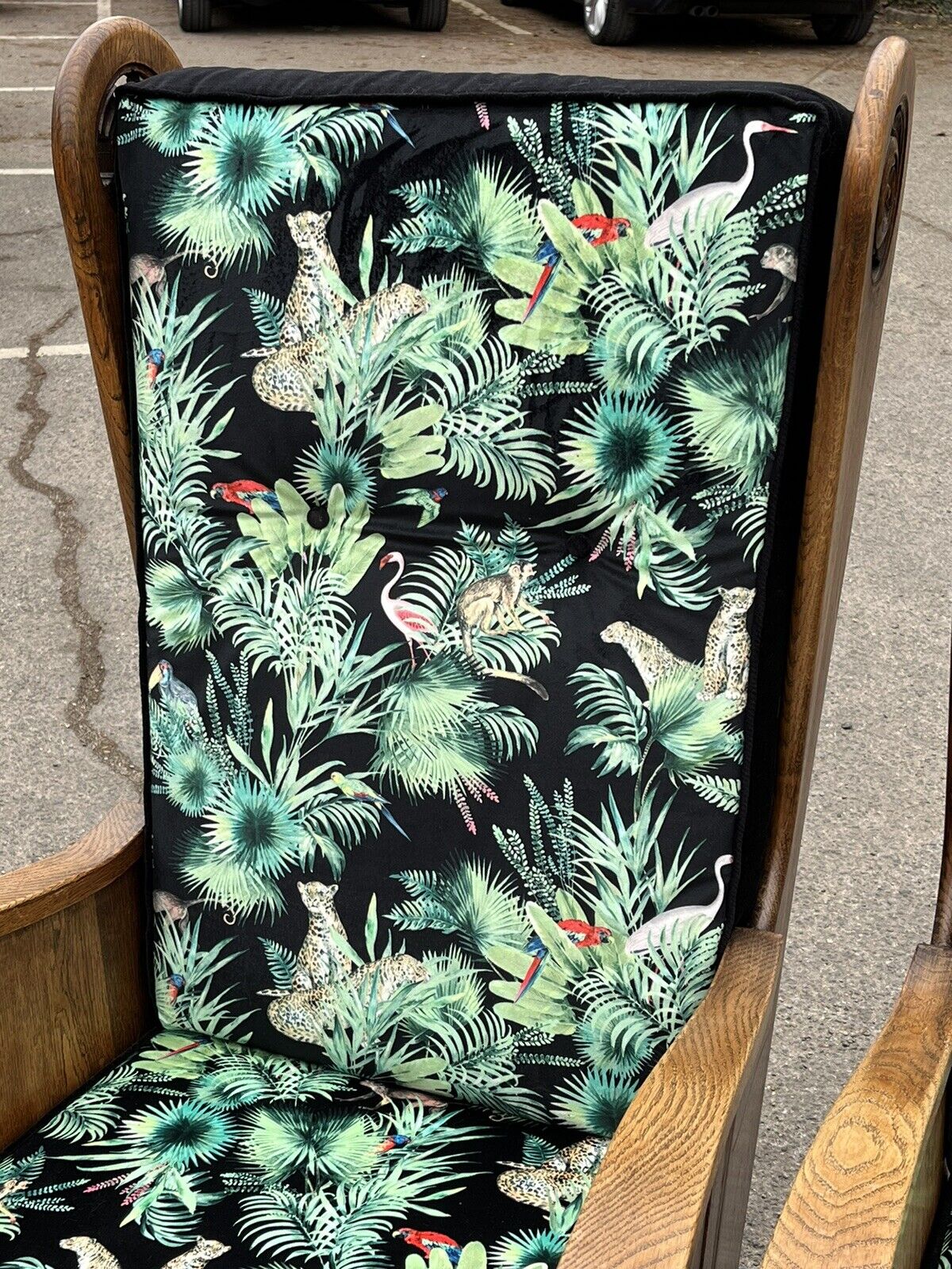 Mid Century Oak Armchairs Newly Upholstered In A Bright Jungle Print.