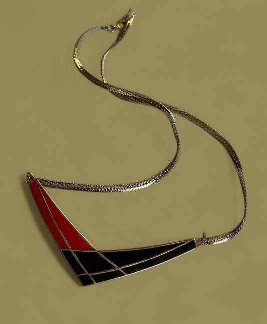 Vintage 1980s Red Black Enamel Gold Tone Necklace