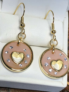 Vintage 1980s Gold Plated Pink Heart Diamanté Drop Earrings