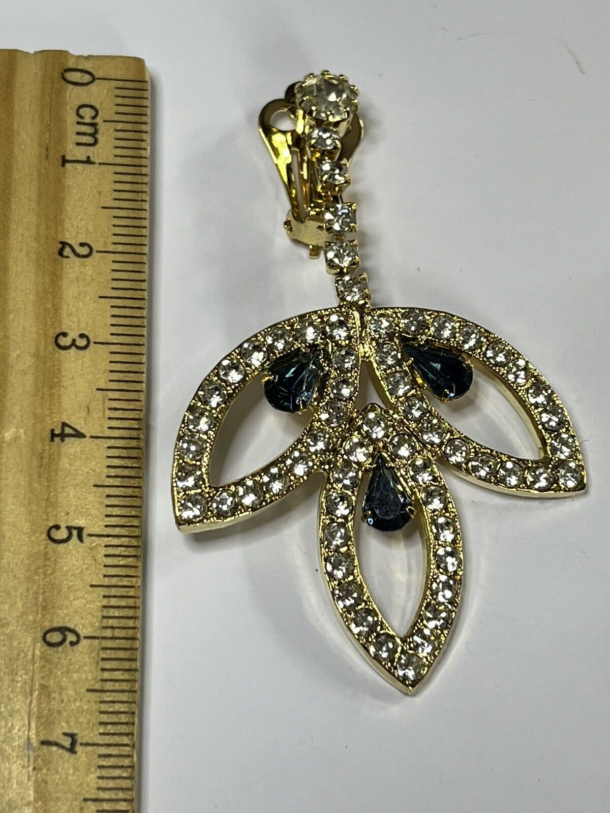 Vintage Gold Tone Blue Clear Diamanté Drop Clip On Earrings