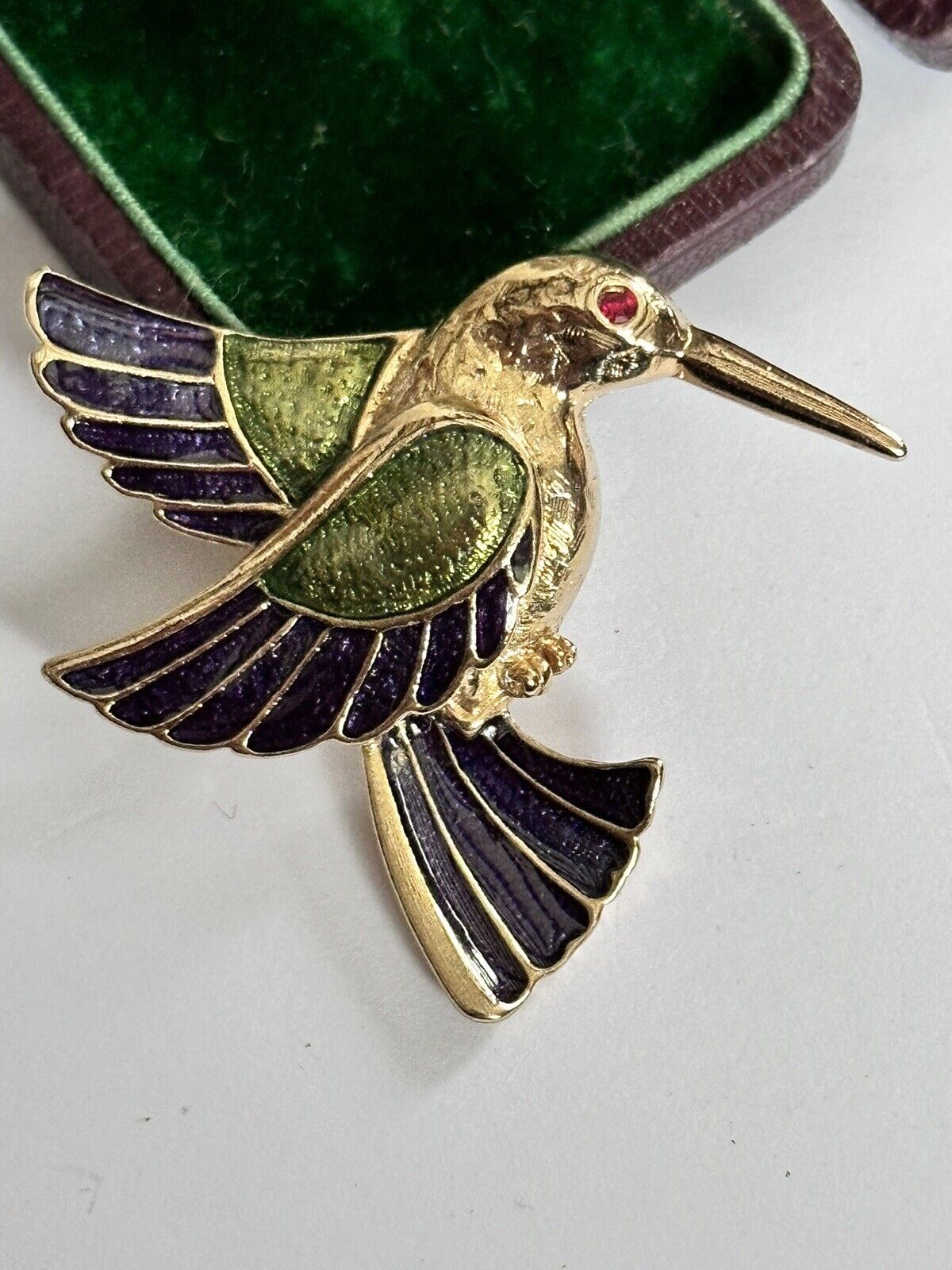 Vintage Gold Tone Blue Green Enamel Hummingbird Brooch