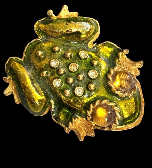 Vintage Green Enamel Cabochon Diamanté Frog Brooch