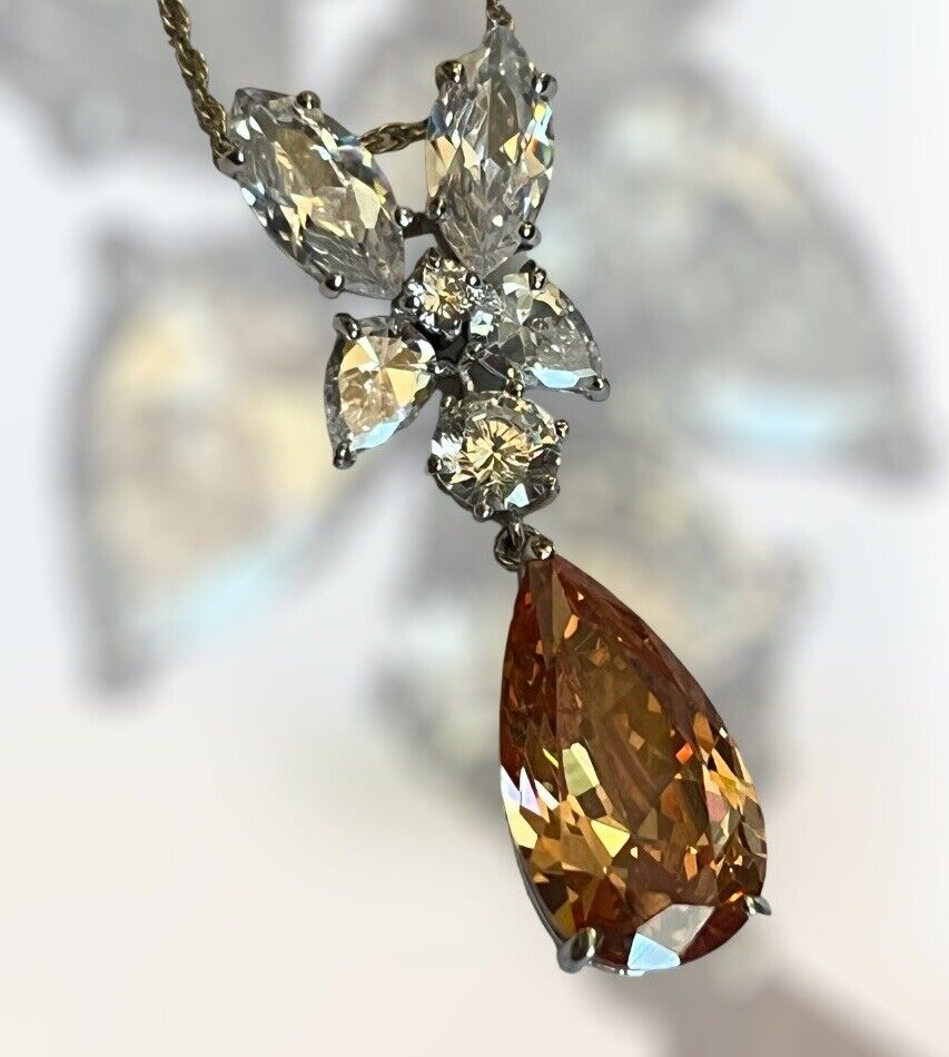 Vintage 1980s Rhodium Plated Orange Teardrop Crystal Necklace New Old Stock