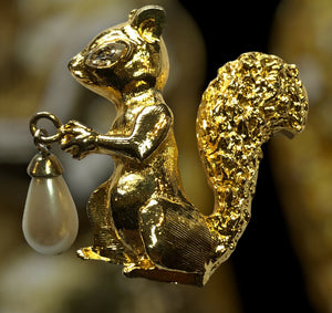 Vintage Gold Tone Squirrel Faux Pearl Brooch
