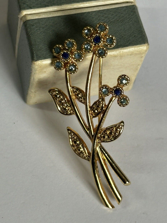 Vintage Gold Plated Movitex Flower Spray Blue Stone Brooch