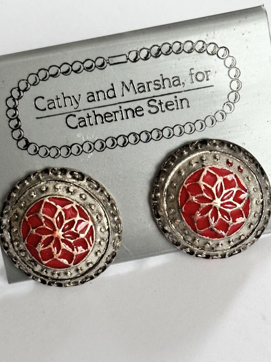 Vintage 1980s Cathy And Marsha For Catherine Stein Red Enamel Clip On Earrings