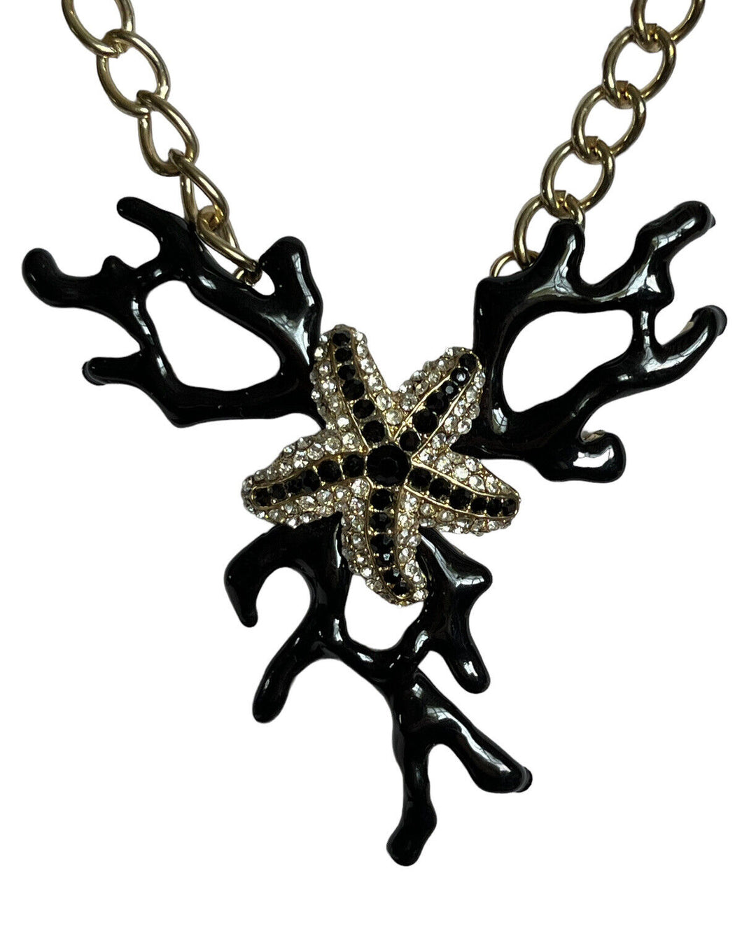 Vintage Black Coral Effect Starfish Diamanté Silver Tone Necklace