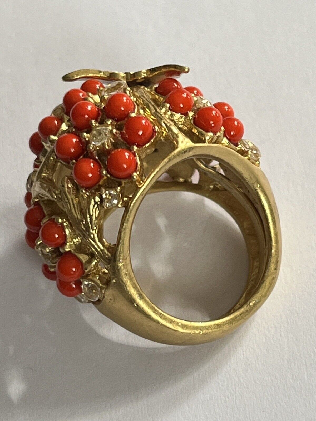Vintage Gold Tone Orange Bead Diamanté Butterfly Statement Ring