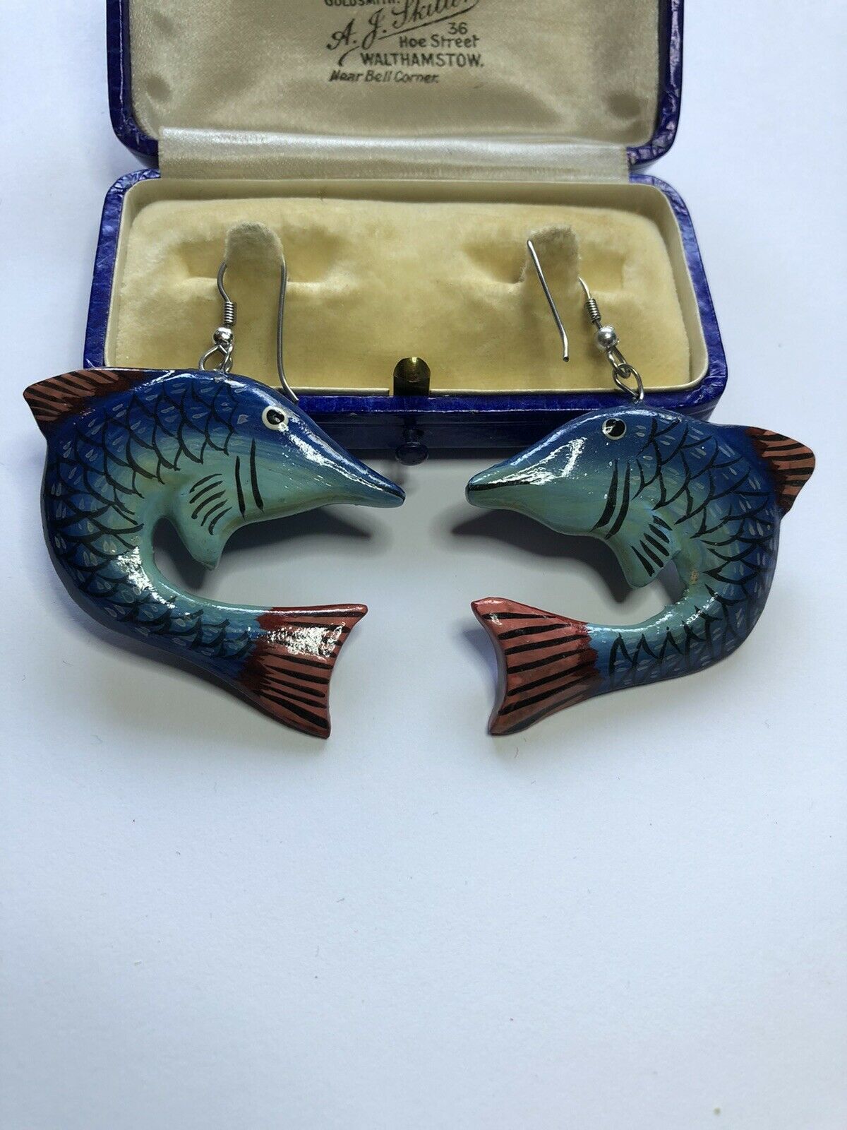Vintage 1980s Blue Fish Dangle Lacquer Earrings