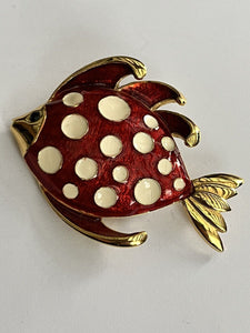 Vintage Red Cream Enamel Fish Brooch