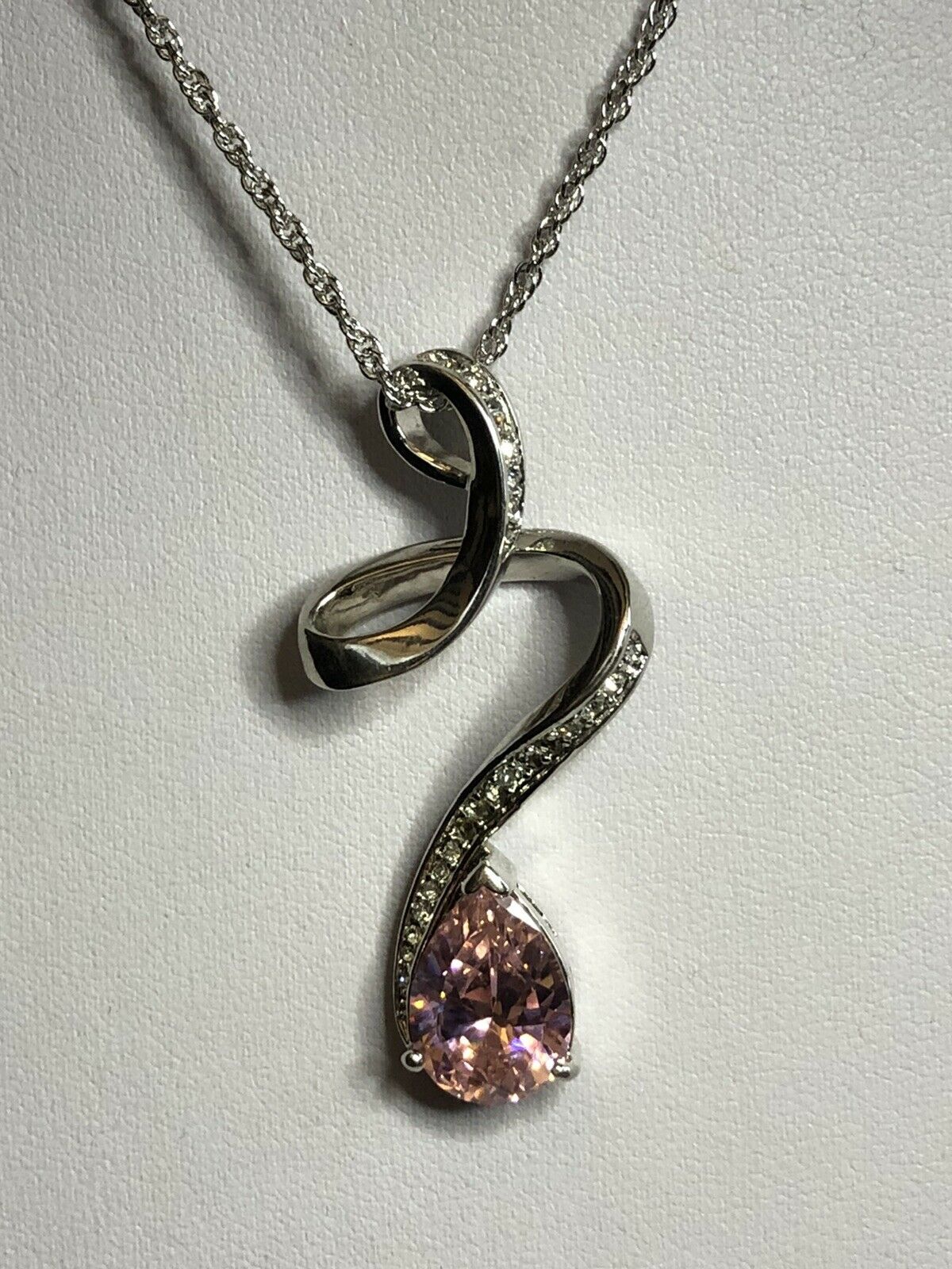 Vintage 1980s Rhodium Plated Pink Teardrop Crystal Necklace New Old Stock