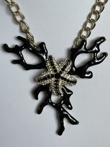 Vintage Black Coral Effect Starfish Diamanté Silver Tone Necklace