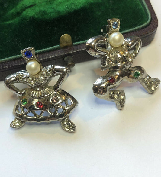 Vintage Silver Tone Diamanté Faux Pearl Dancing Pair Brooch Set