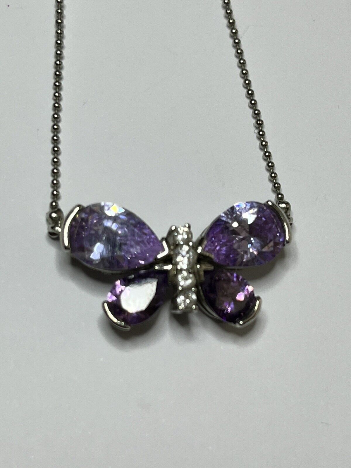 Vintage Rhodium Plated Purple Crystal Diamanté Butterfly Necklace