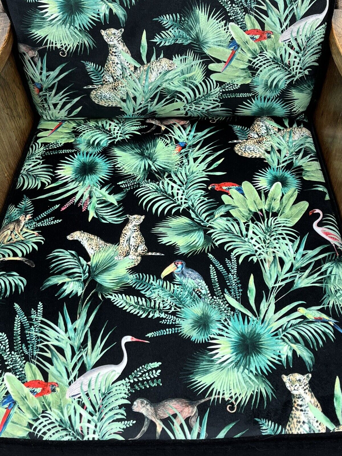 Mid Century Oak Armchairs Newly Upholstered In A Bright Jungle Print.