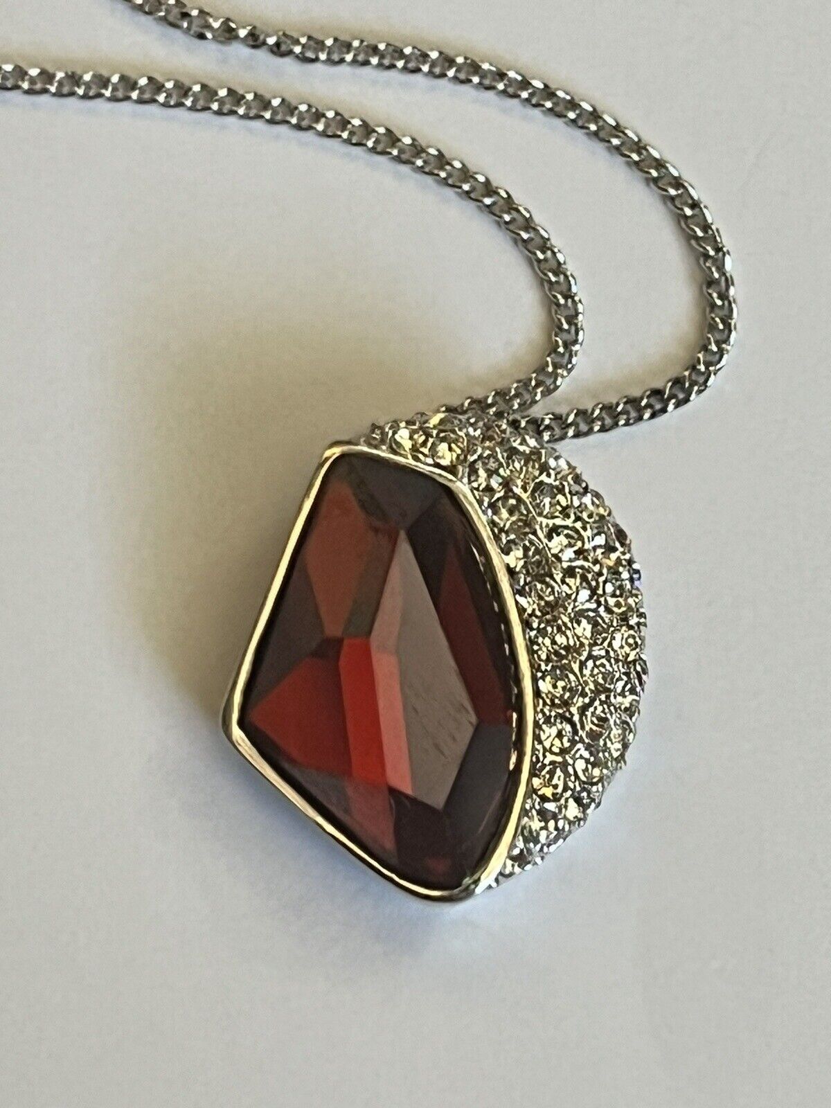 Vintage 1980s Rhodium Plated Red Crystal Necklace New Old Stock