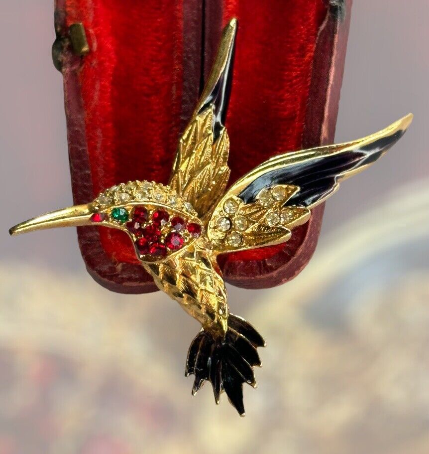 Vintage Gold Plated Red Diamanté Black Enamel Bird Brooch