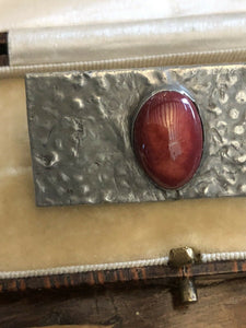 Vintage Arts And Crafts Pewter Red Stone Brooch C Clasp